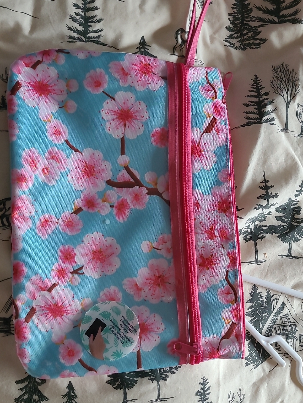 Blue Cherry Blossom Cosmetic Pouch with Pink Trim